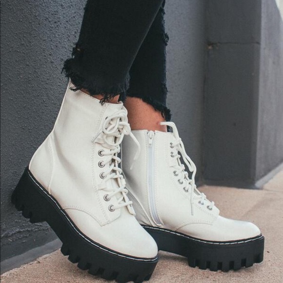 White Lace Up High Platform Combat Boots - Picture 3 of 7